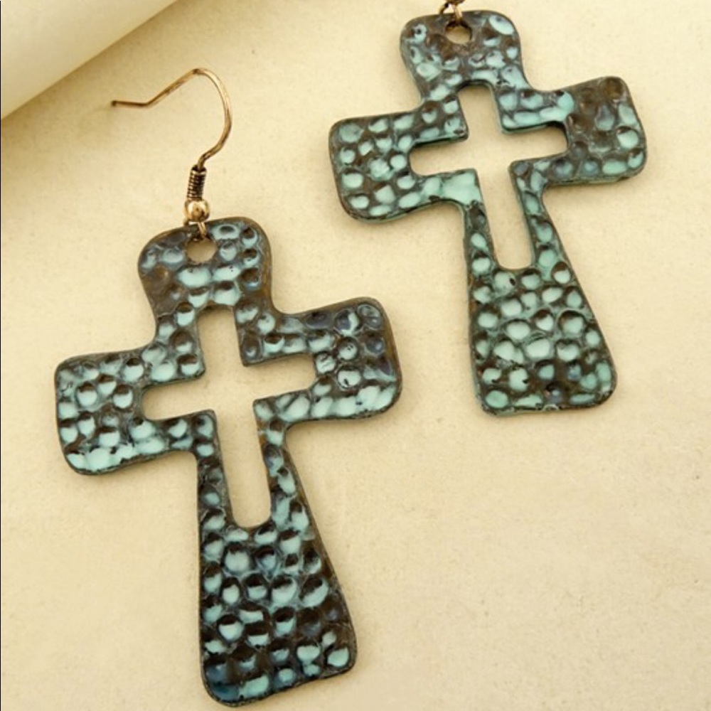 3/$20 Patina Hammered Cross Earrings